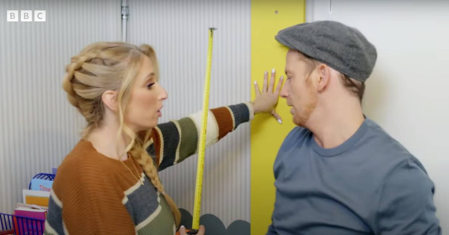 Stacey Solomon measures up, Joe Swash looks concerned