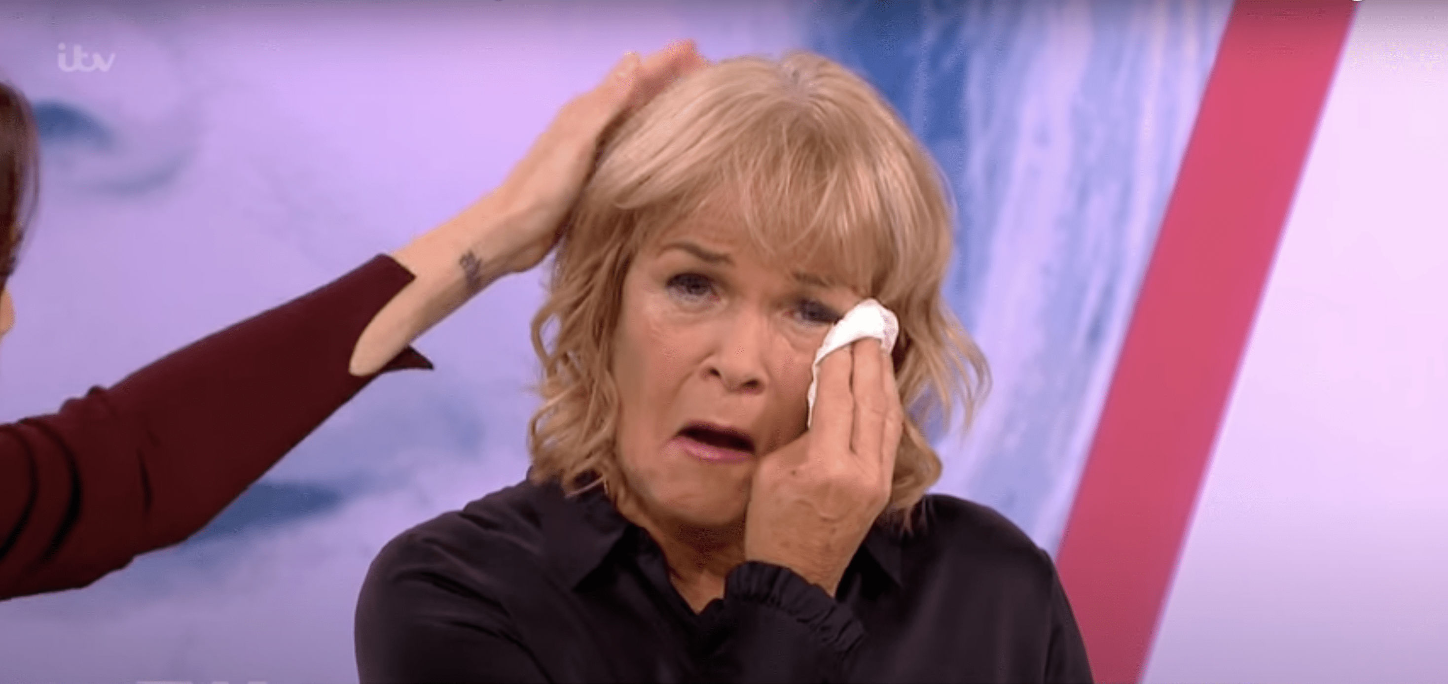 Linda Robson crying with tissue on Loose Women