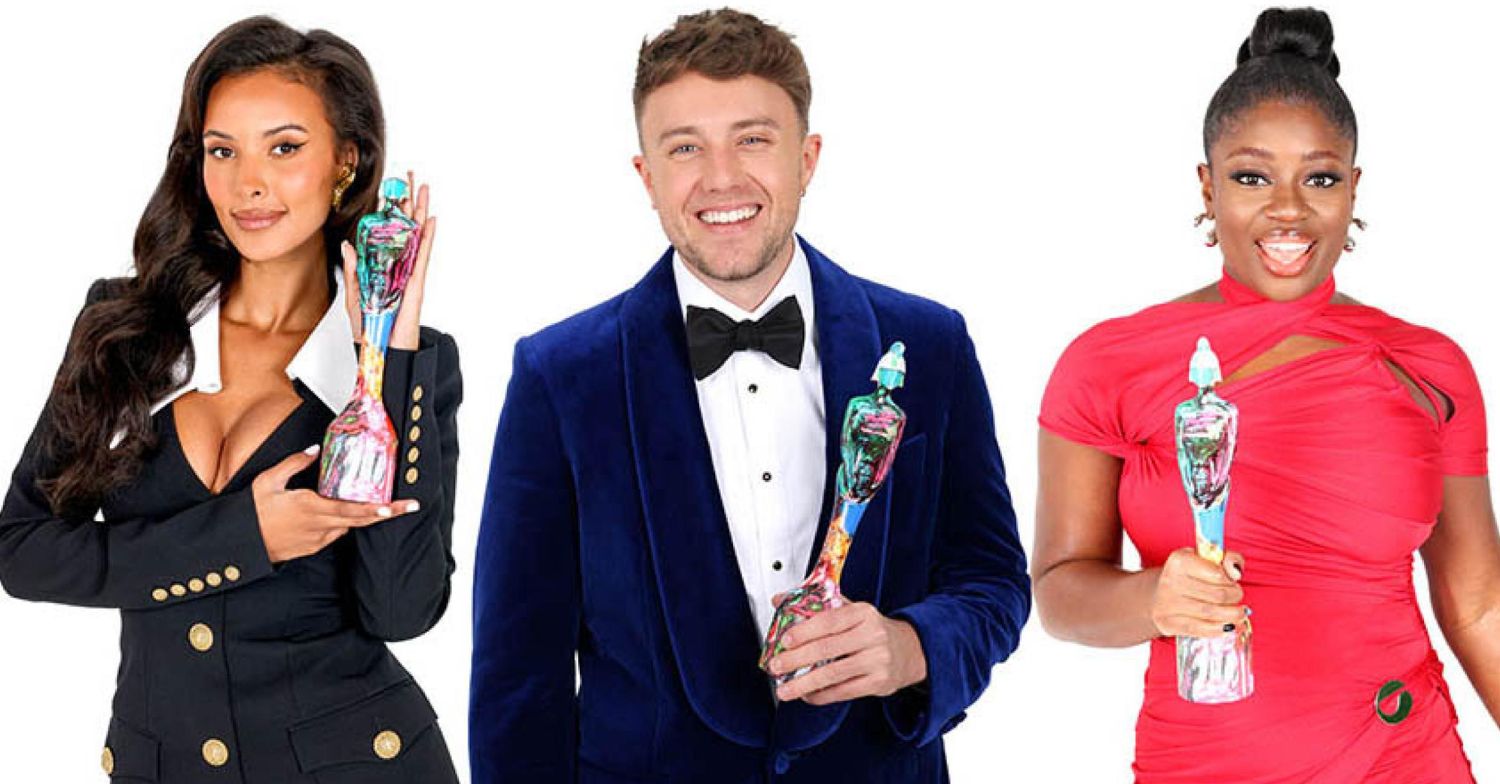 Maya Jama, Roman Kemp, and Clara Amfo holding BRIT Award trophies
