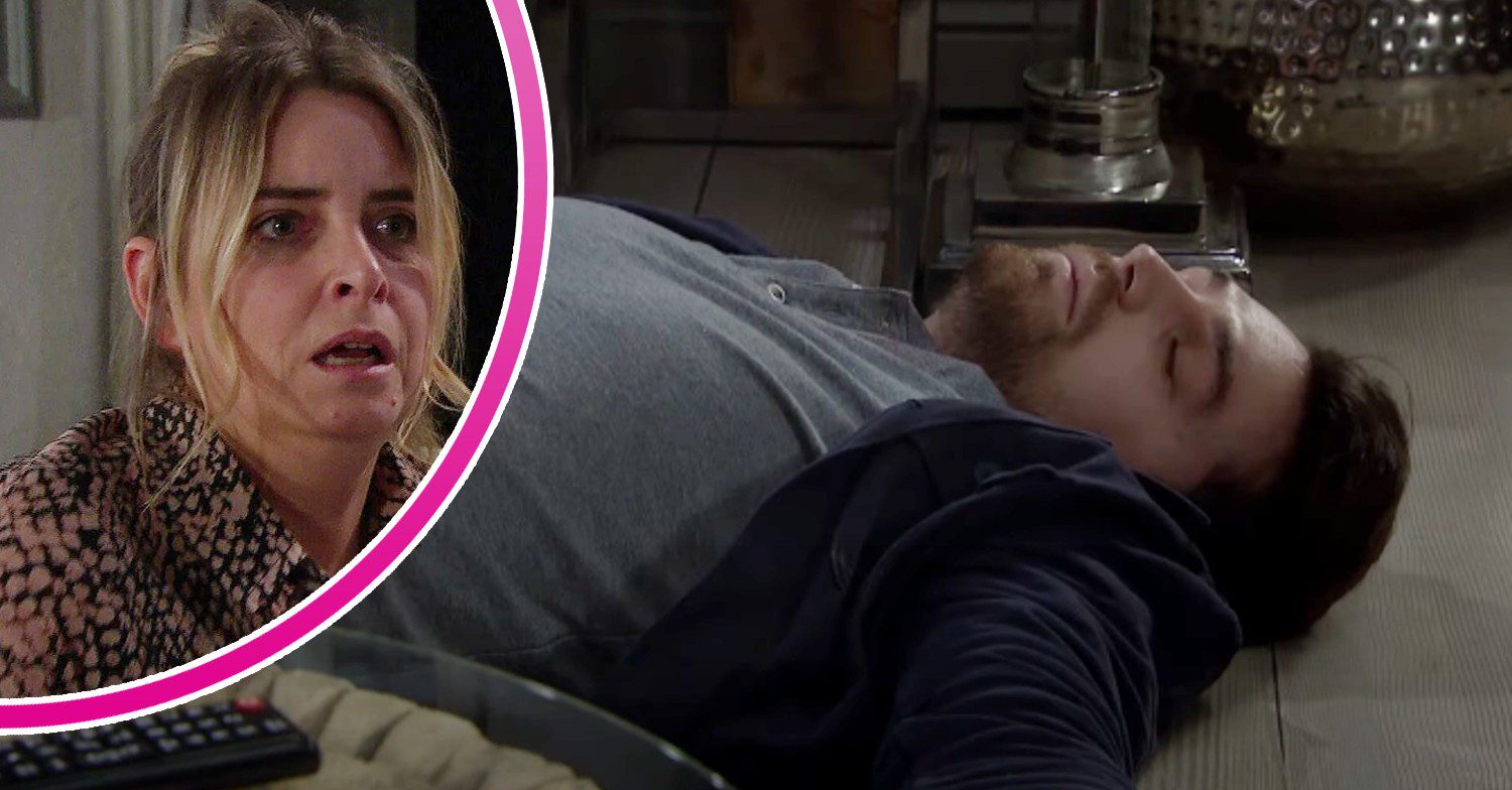Mack lying unconscious on the floor in Emmerdale; inset, Charity looking shocked (Credit: ITV/Composite: ED!)