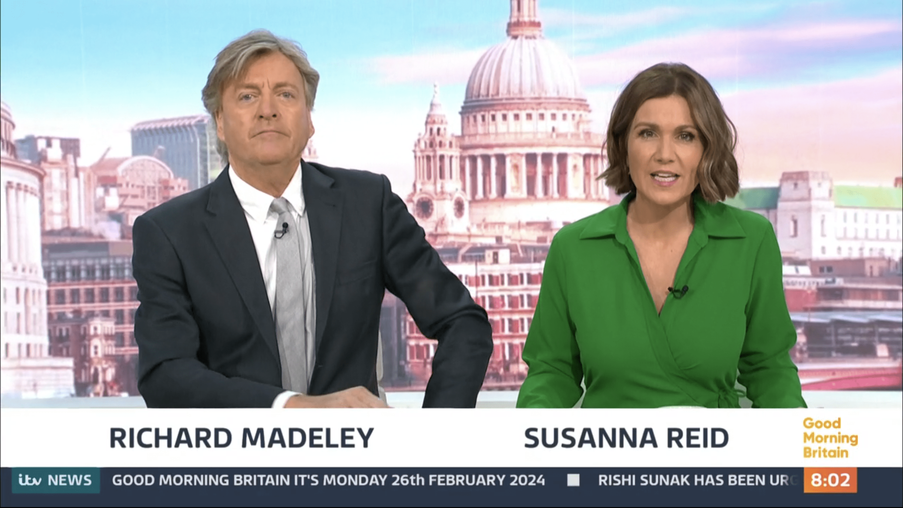 Susanna Reid in a green shirt and Richard Madeley in a suit on Good Morning Britain today