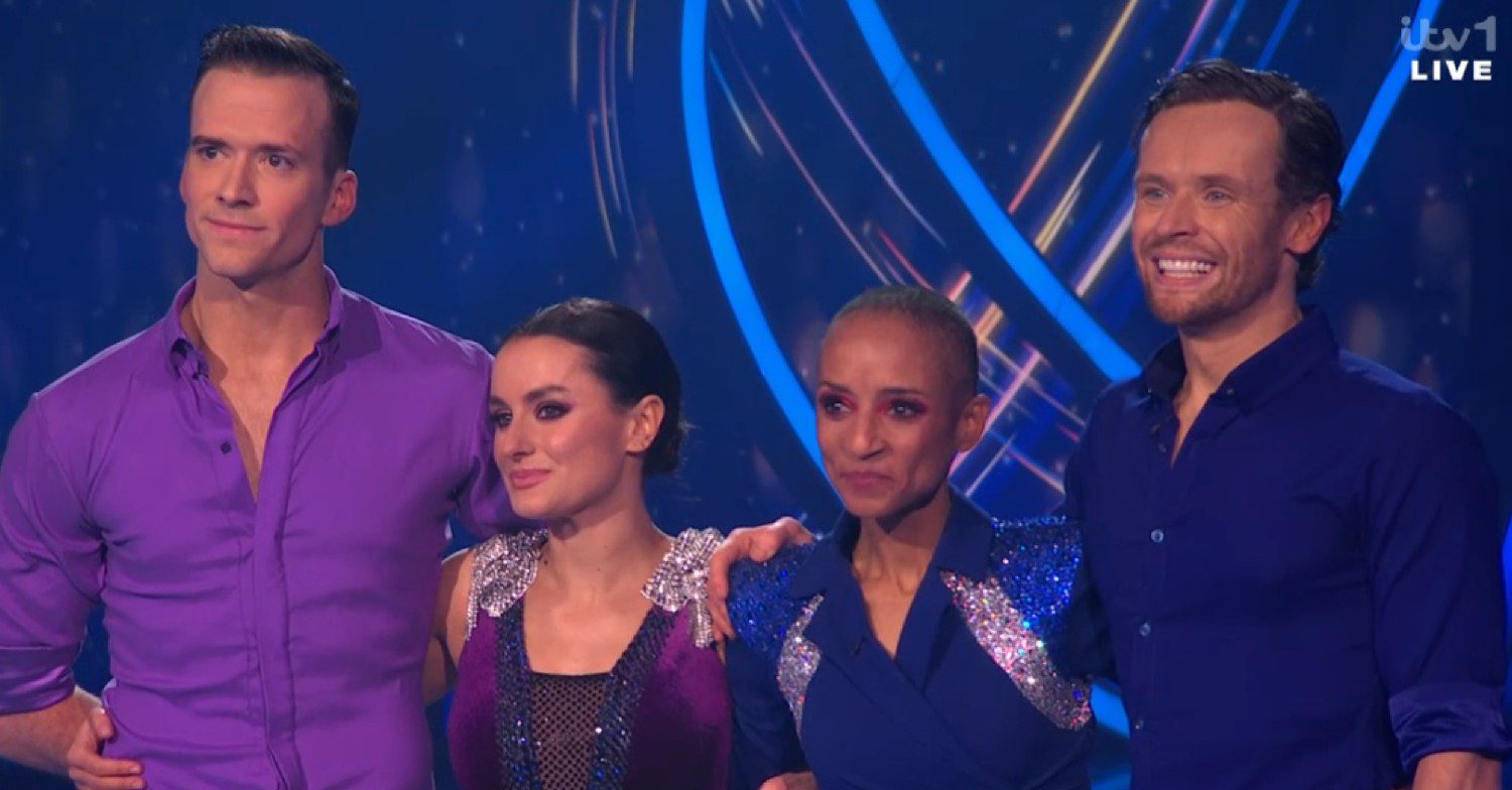 Simon Proulx-Sénécal, Amber Davies, Adele Roberts, Mark Hanretty smiling on Dancing On ice tonight