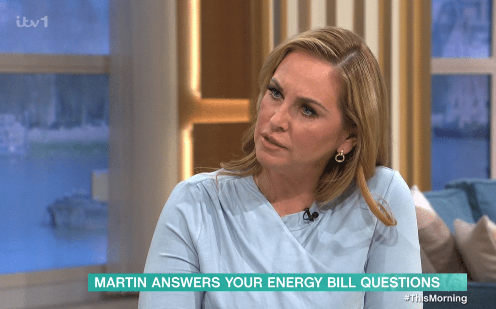 Josie Gibson presenting This Morning in a blue top