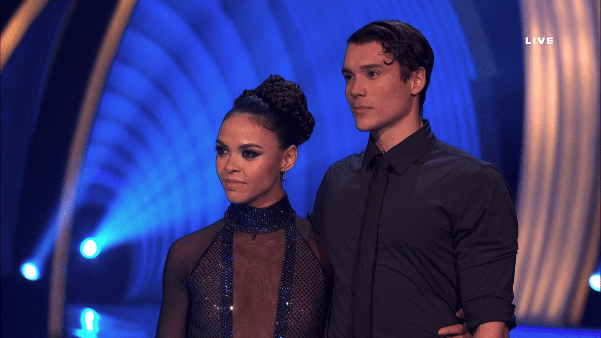 Vanessa Bauer and Miles Nazaire looking downcast on Dancing On Ice