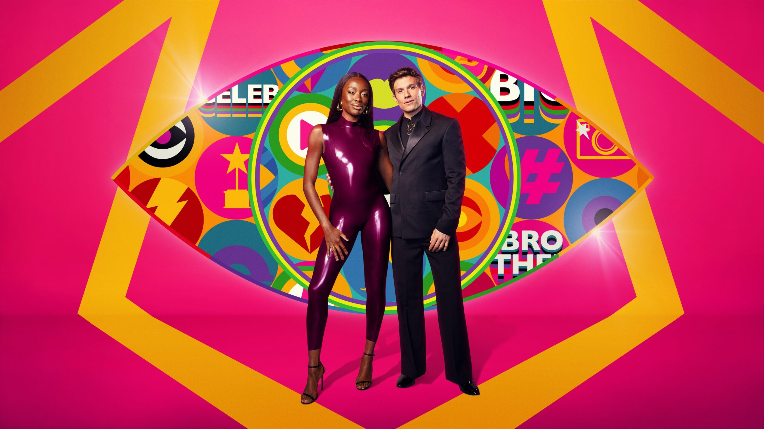 Will Best and AJ Odudu stand infront of the Celebrity Big Brother logo