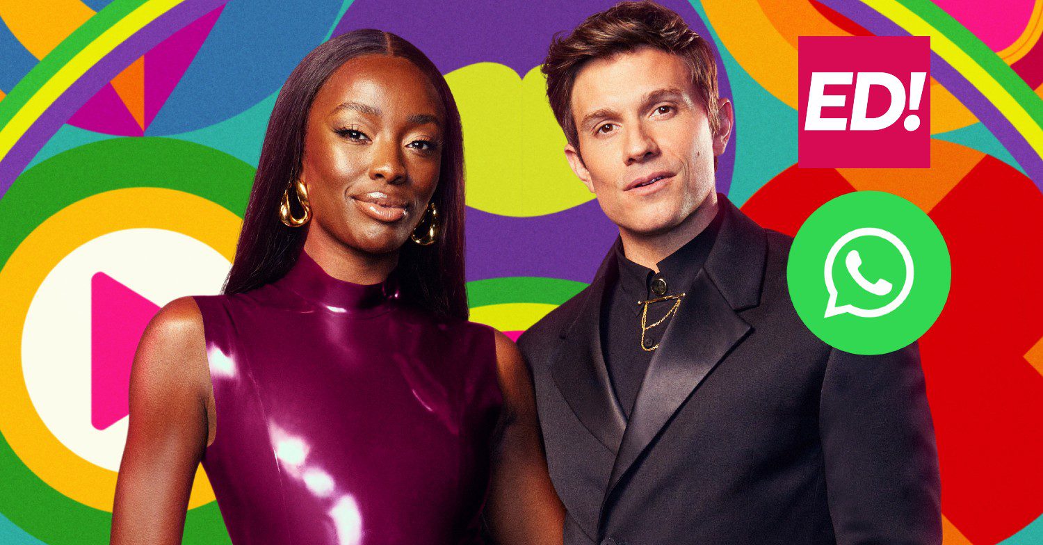 Celebrity Big Brother hosts AJ Odudu and Will Best and WhatsApp logo