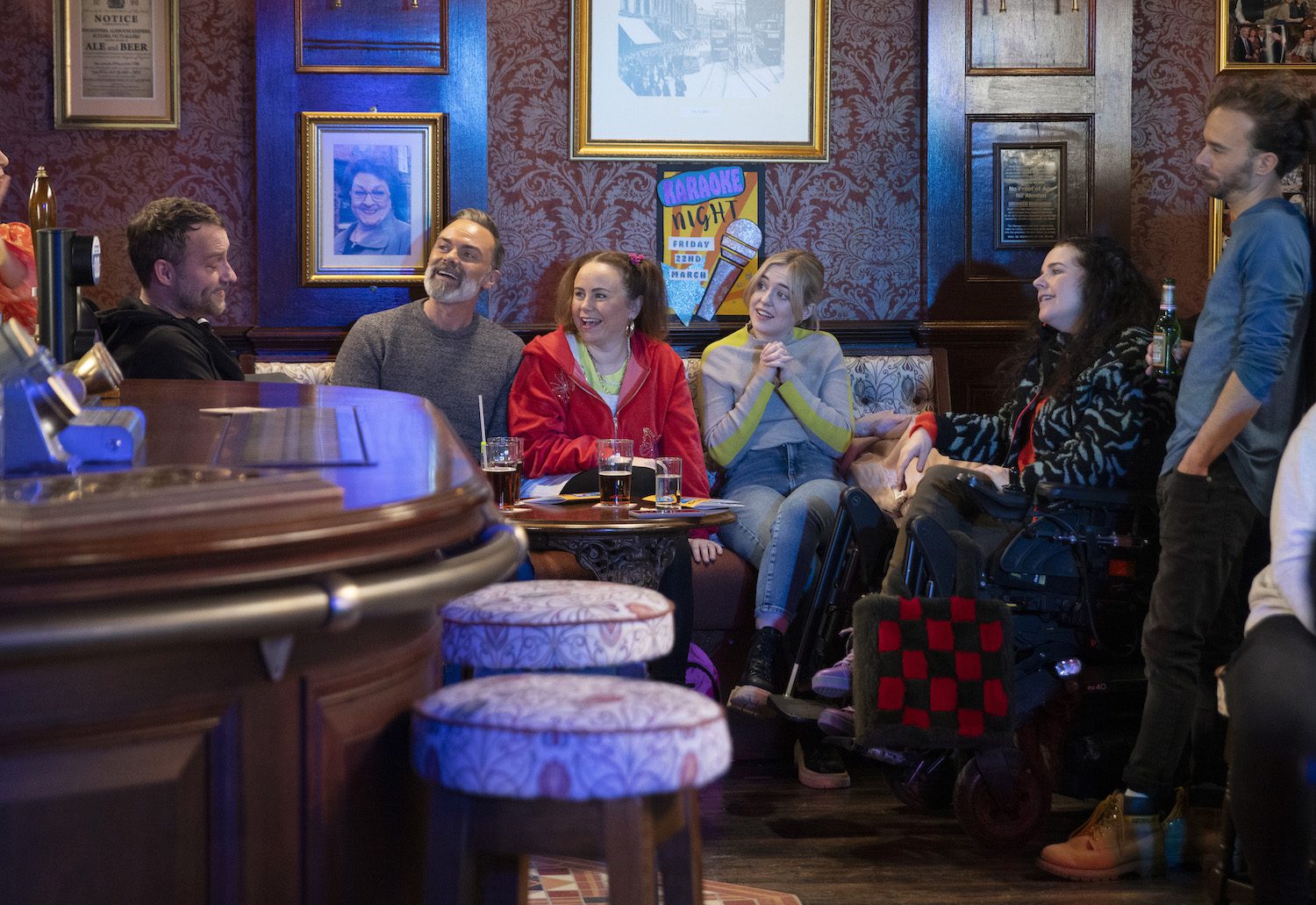 Corrie: Paul, Billy, Gemma, Summer, Izzy and David at The Rovers karaoke night