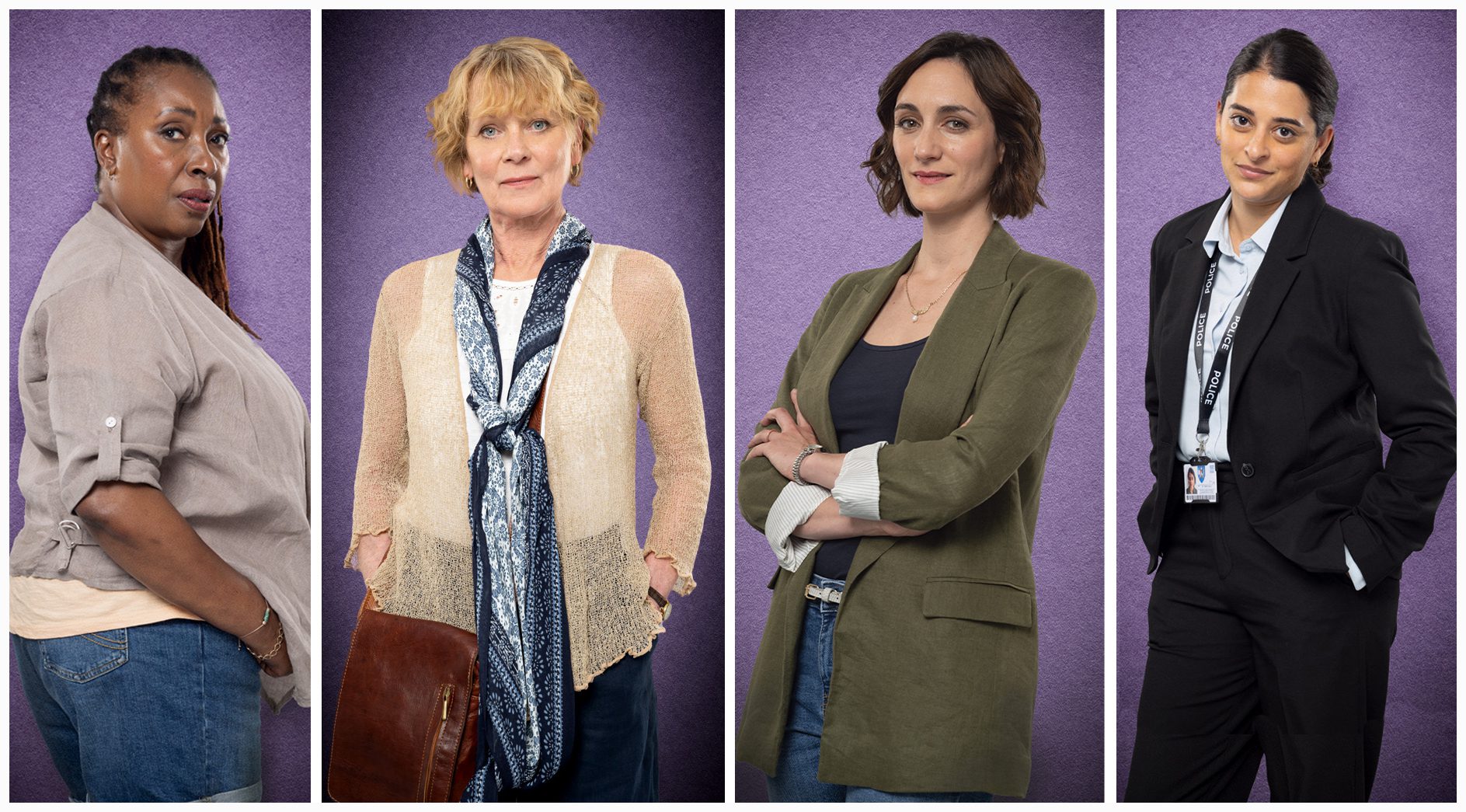 Jo Martin as Suzie Harris, Samantha Bond as Judith Potts, Cara Horgan as Becks Starling and Natalie Dew as DS Tanika Malik in The Marlow Murder Club