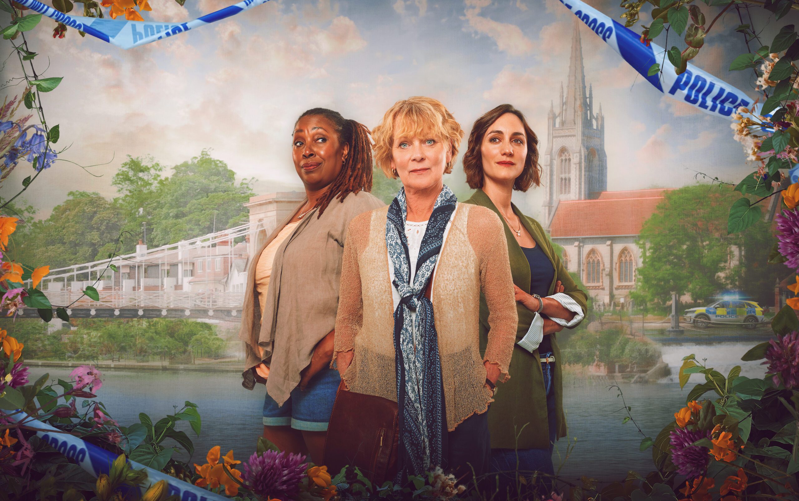 Jo Martin as Suzie Harris, Samantha Bond as Judith Potts, Cara Horgan as Becks Starling back to back in The Marlow Murder club