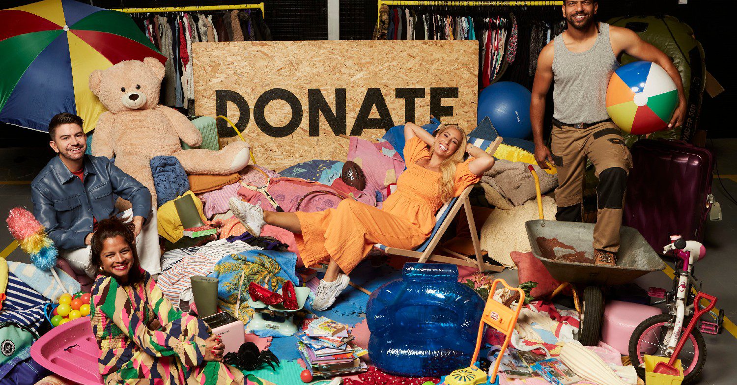 Iwan Carrington, Dilly Carter, Stacey Solomon, and Robert Bent posing amongst some clutter 