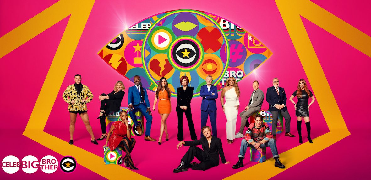 All the cast of Celebrity Big Brother against the pink eye backdrop