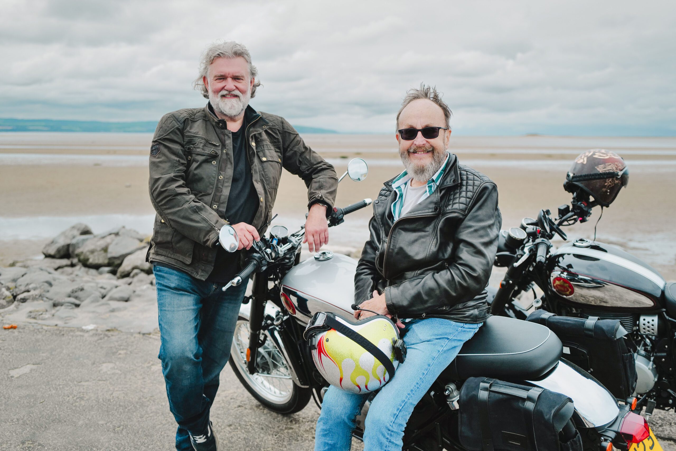 Hairy Bikers Si King and Dave Myers sitting on their motorbikes