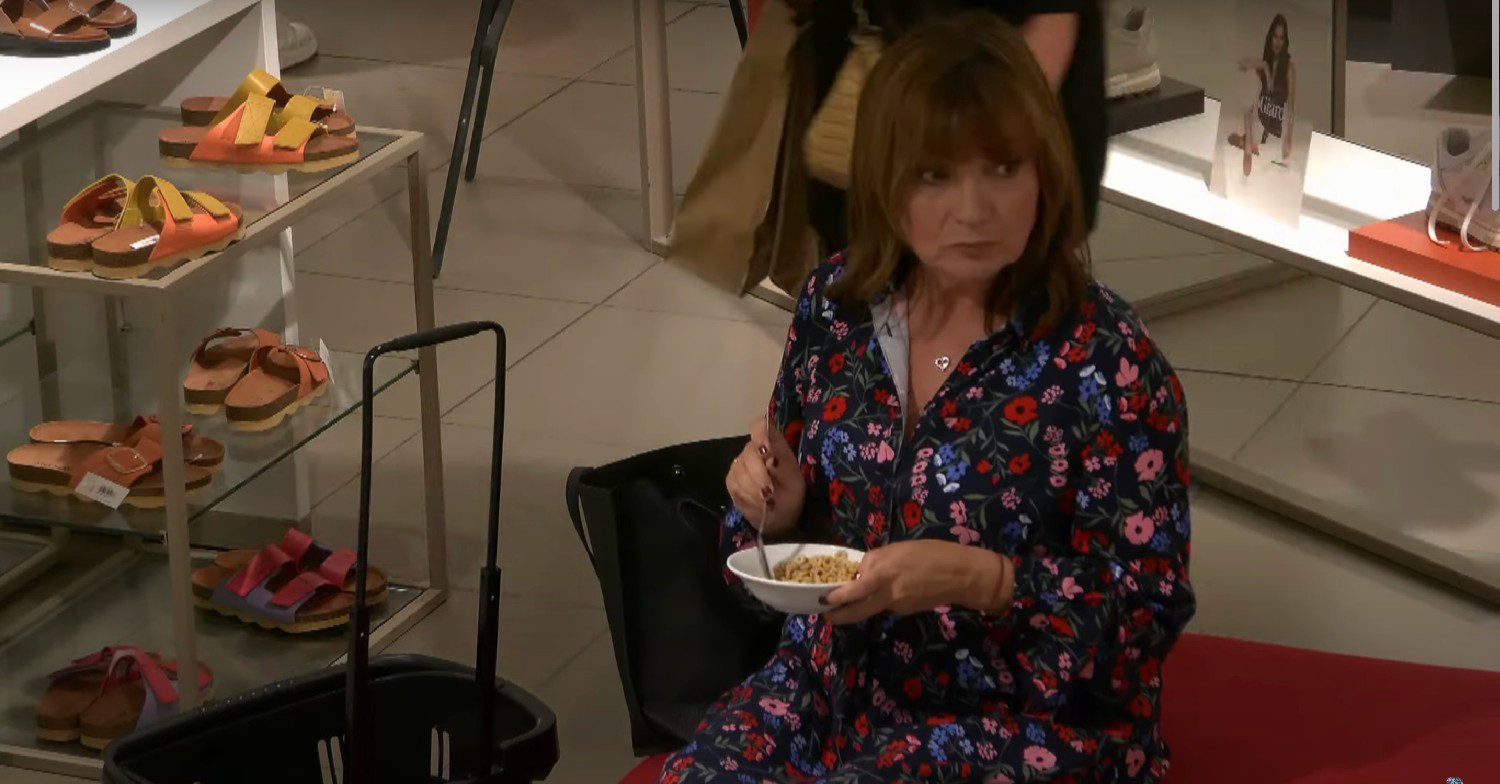 Lorraine Kelly eating cereal in John Lewis on Saturday Night Takeaway