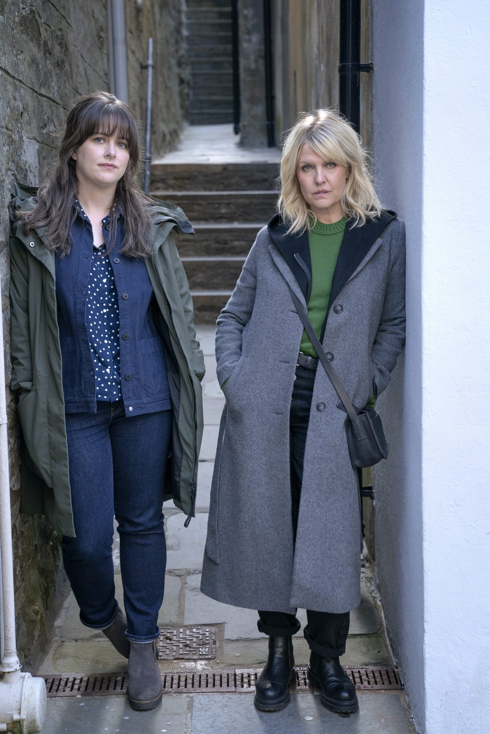 Alison O'Donnell as Tosh, and Ashley Jensen as DI Ruth Calder in Shetland series 8