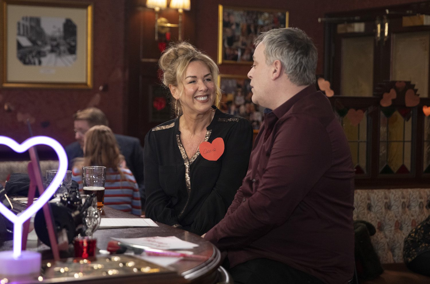 Cassie Plummer and Steve McDonald smile at each other in the Rovers