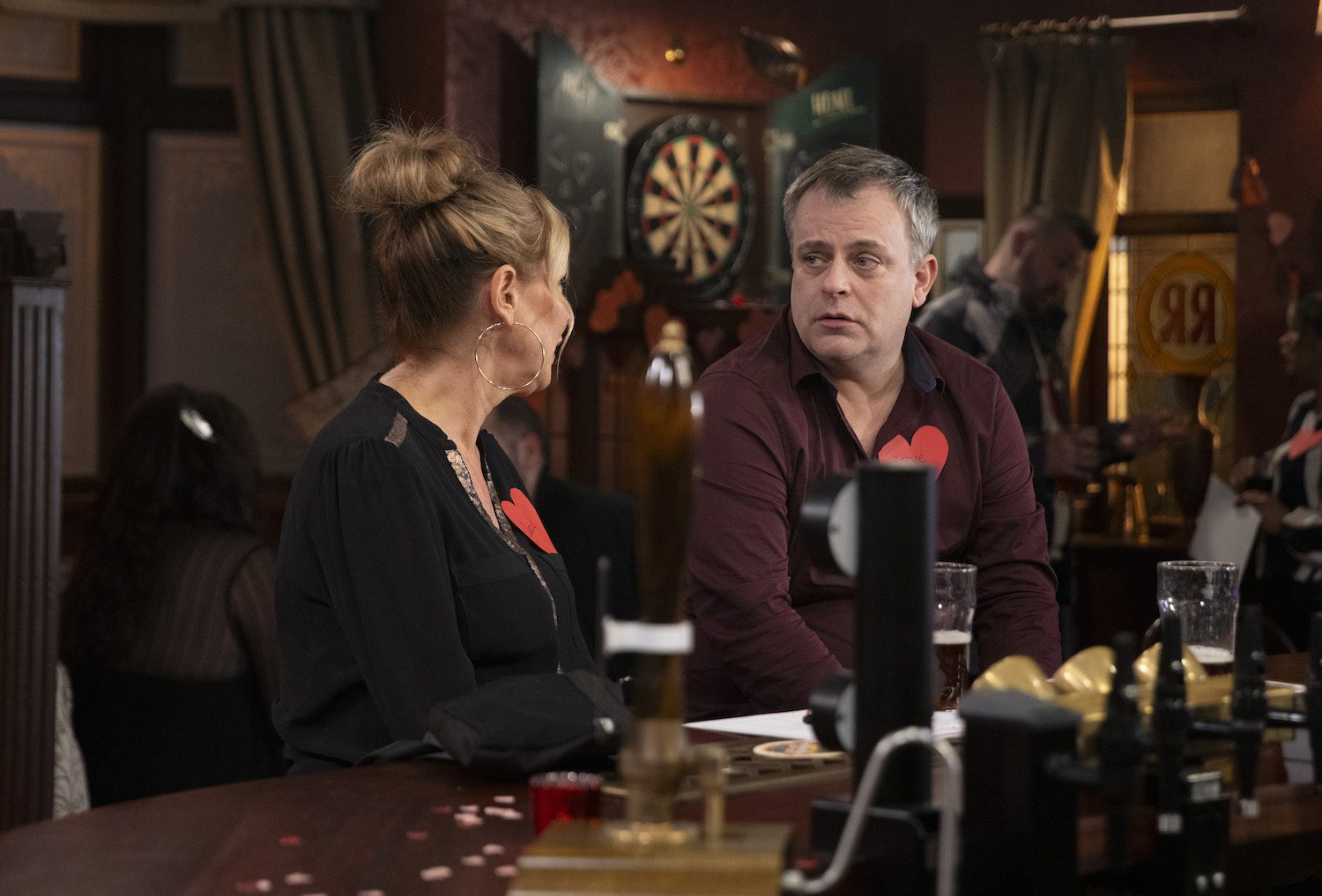 Steve McDonald’s [SIMON GREGSON] unimpressed to find himself sitting opposite Tracy but at the next move he hits it off with Cassie Plummer