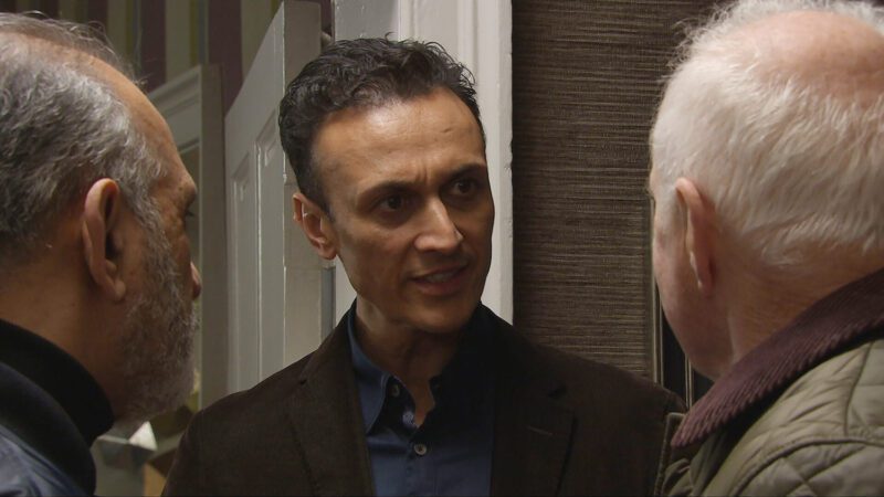 Jai talking to Pollard and Amit on Emmerdale