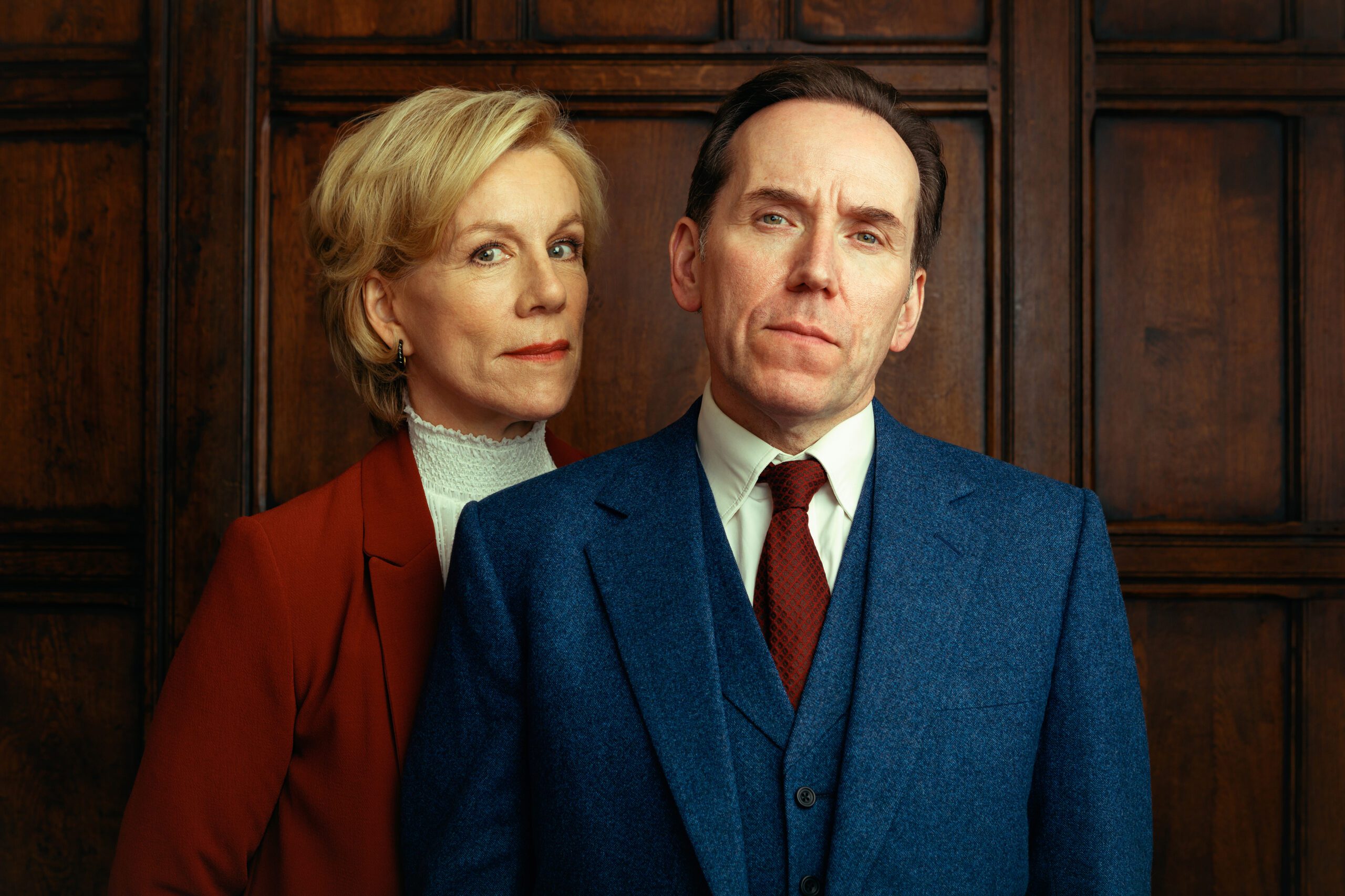 Juliet Stevenson stands to Ben Miller's left for a promo shot of Professor T series 3