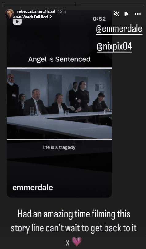 Emmerdale actress Rebecca Bake's Instagram story