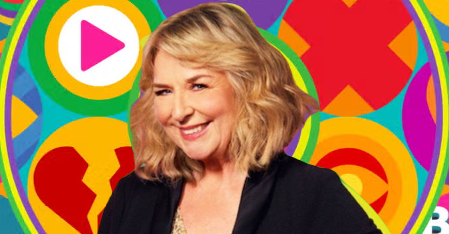 Fern Britton in front of Celebrity Big Brother logo