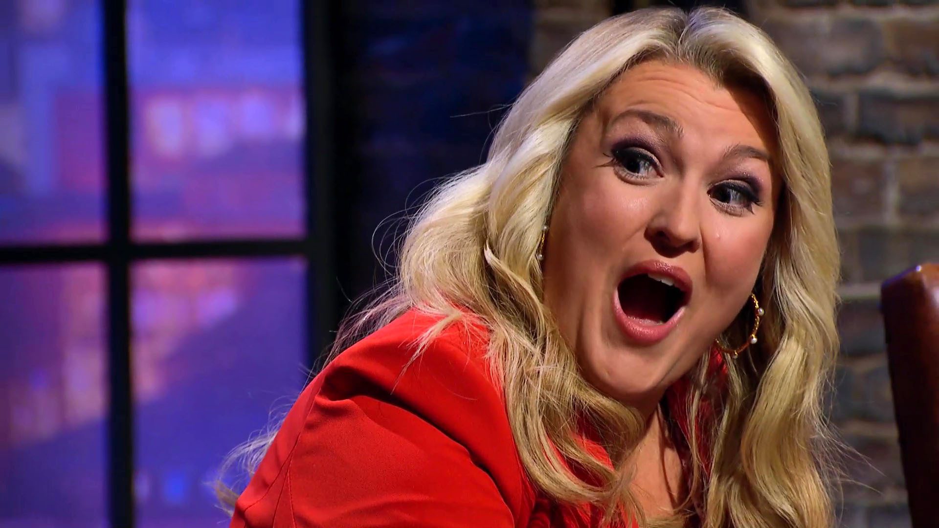 Sara Davies surprised face red blazer Dragons' Den