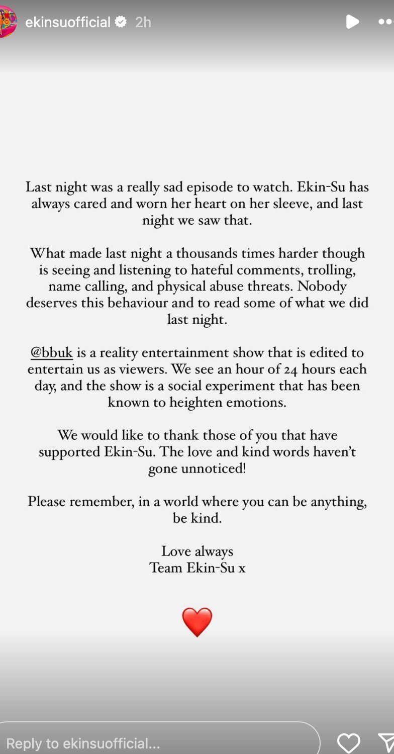 Ekin-su's team took to Instagram to share a statement about her celebrity big brother behaviour