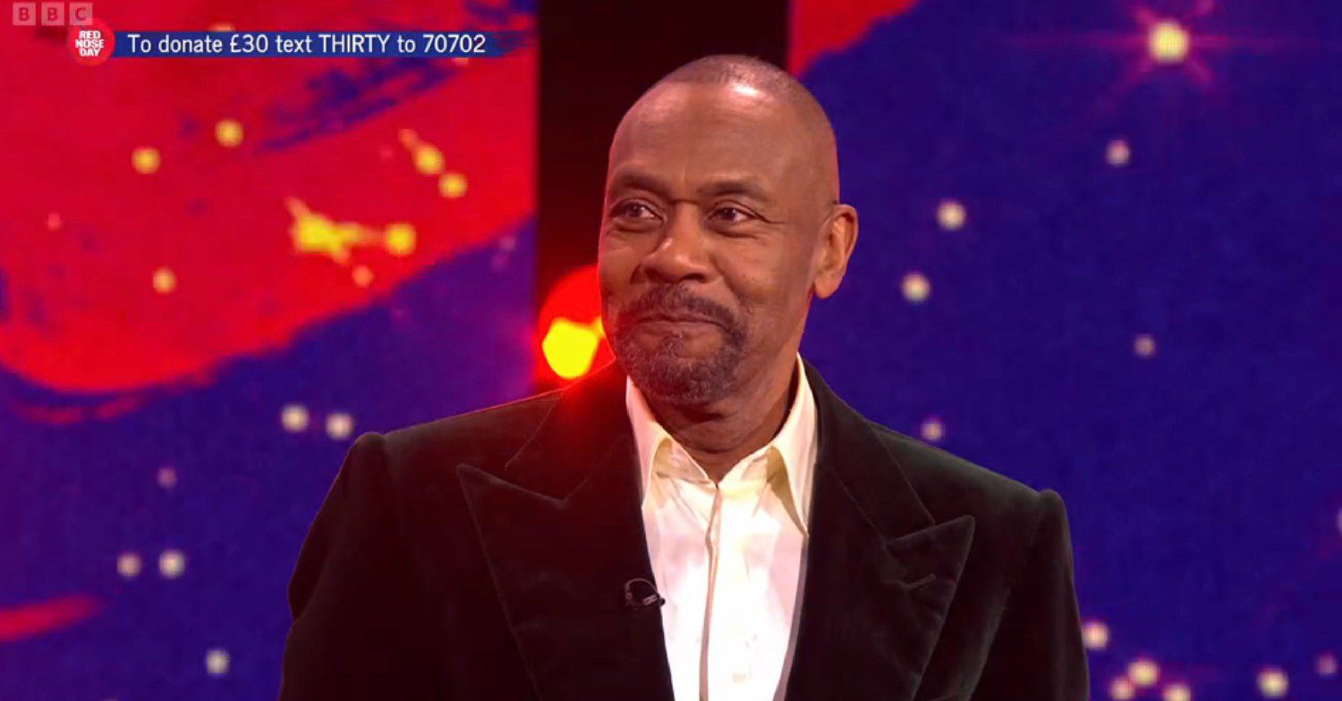 Sir Lenny Henry looking emotional hosting Comic Relief