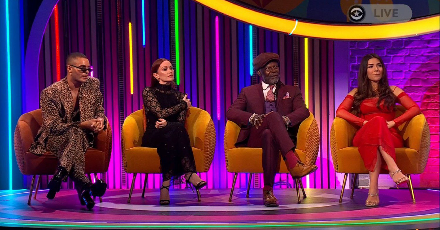 Layton Williams, Arielle Free, Levi Roots and Ekin-Su sitting in a line on Celebrity Big Brother Late and Live