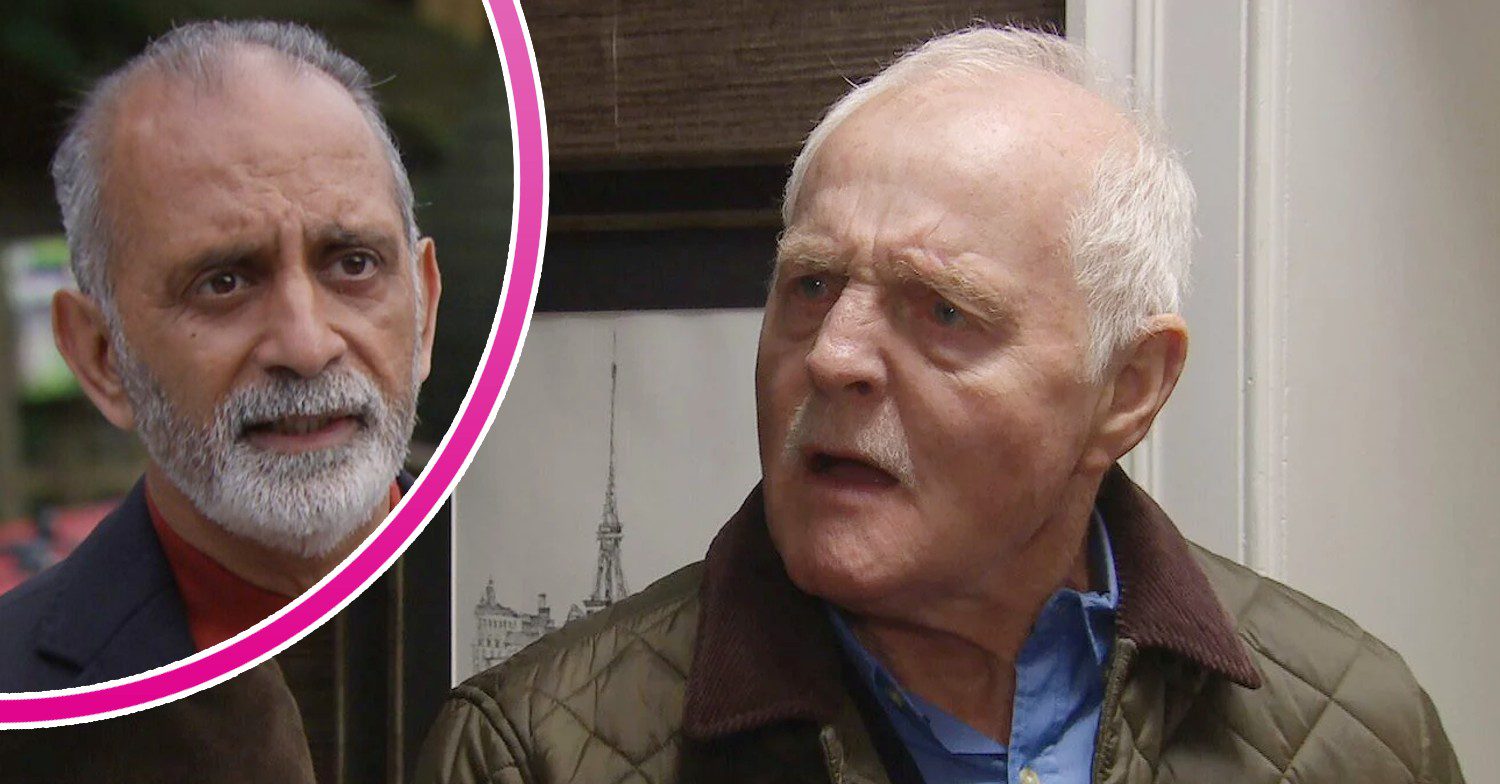 Pollard looks shocked on Emmerdale; inset, Amit looking scary (Credit: ITV/Composite: ED!)