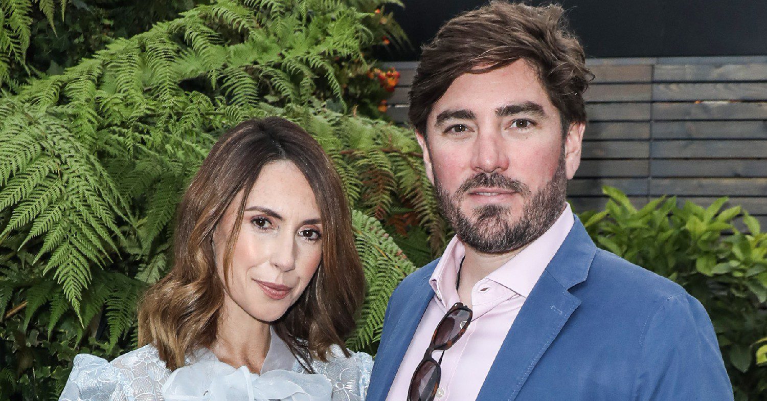 Alex Jones smiling next to her husband Charlie at Chelsea Flower Show