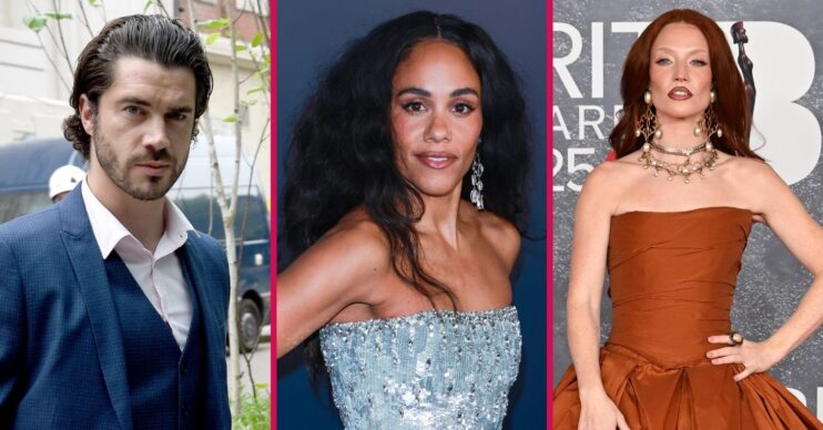 Sam Robertson looking in front Alex Scott and Jess Glynne on the red carpet