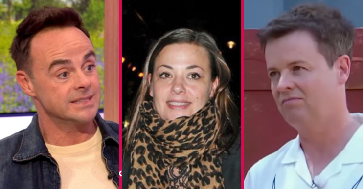 Declan Donnelly looks at the camera, Ant McPartlin looks concerned, Lisa Armstrong smiles