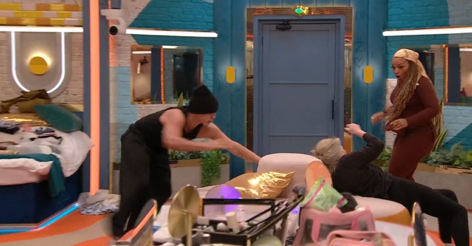 Nikita Kuzmin and Marisha Wallace looking at Fern Britton as she takes a fall on Celebrity Big Brother