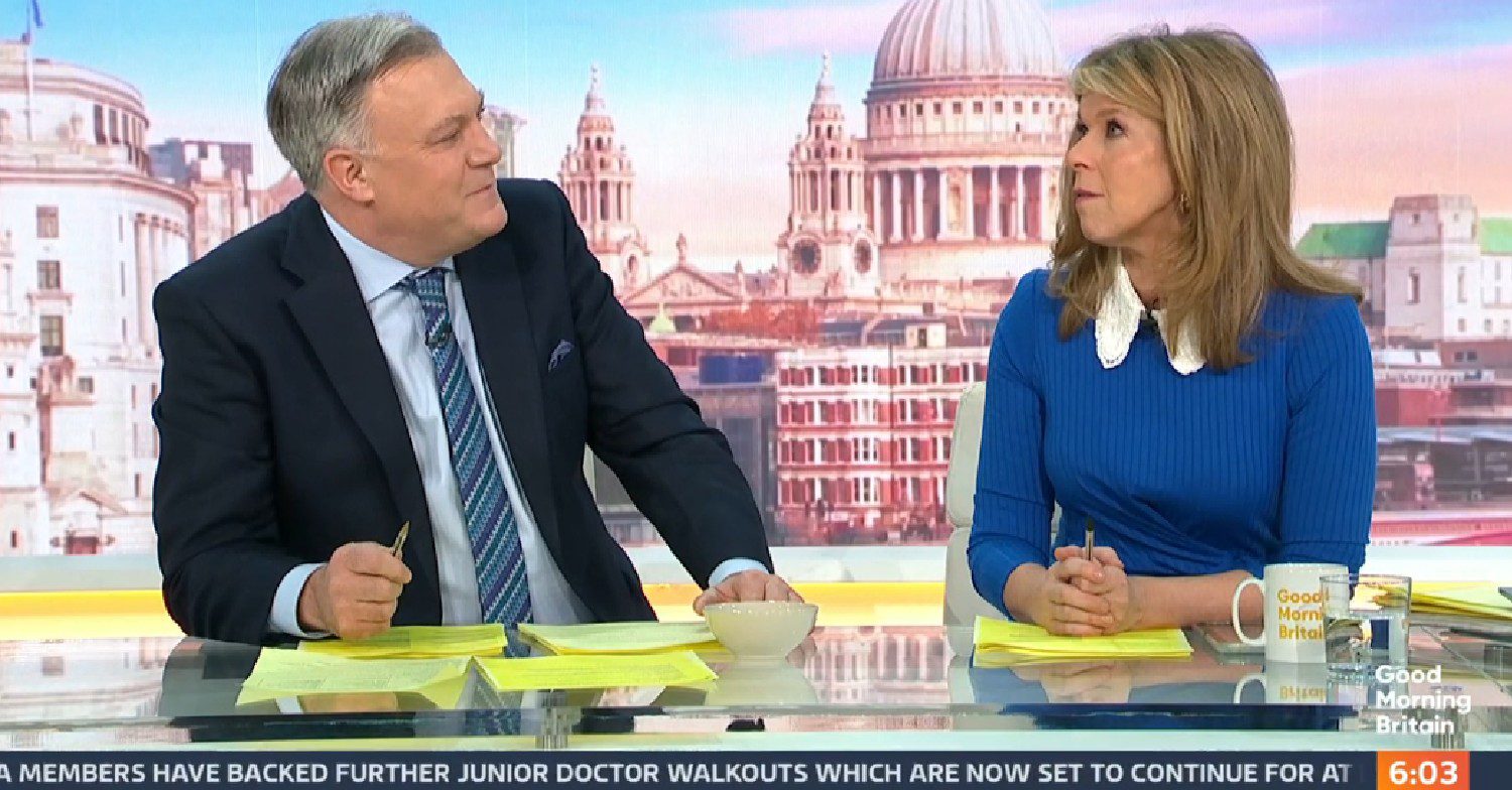Ed Balls looking and talking to Kate Garraway on GMB today