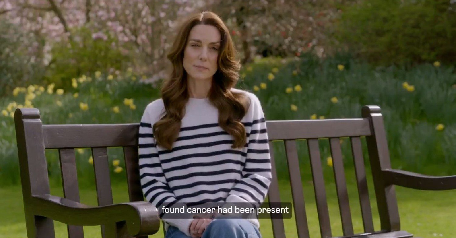 Kate, Princess of Wales, speaking in a video while sat on bench