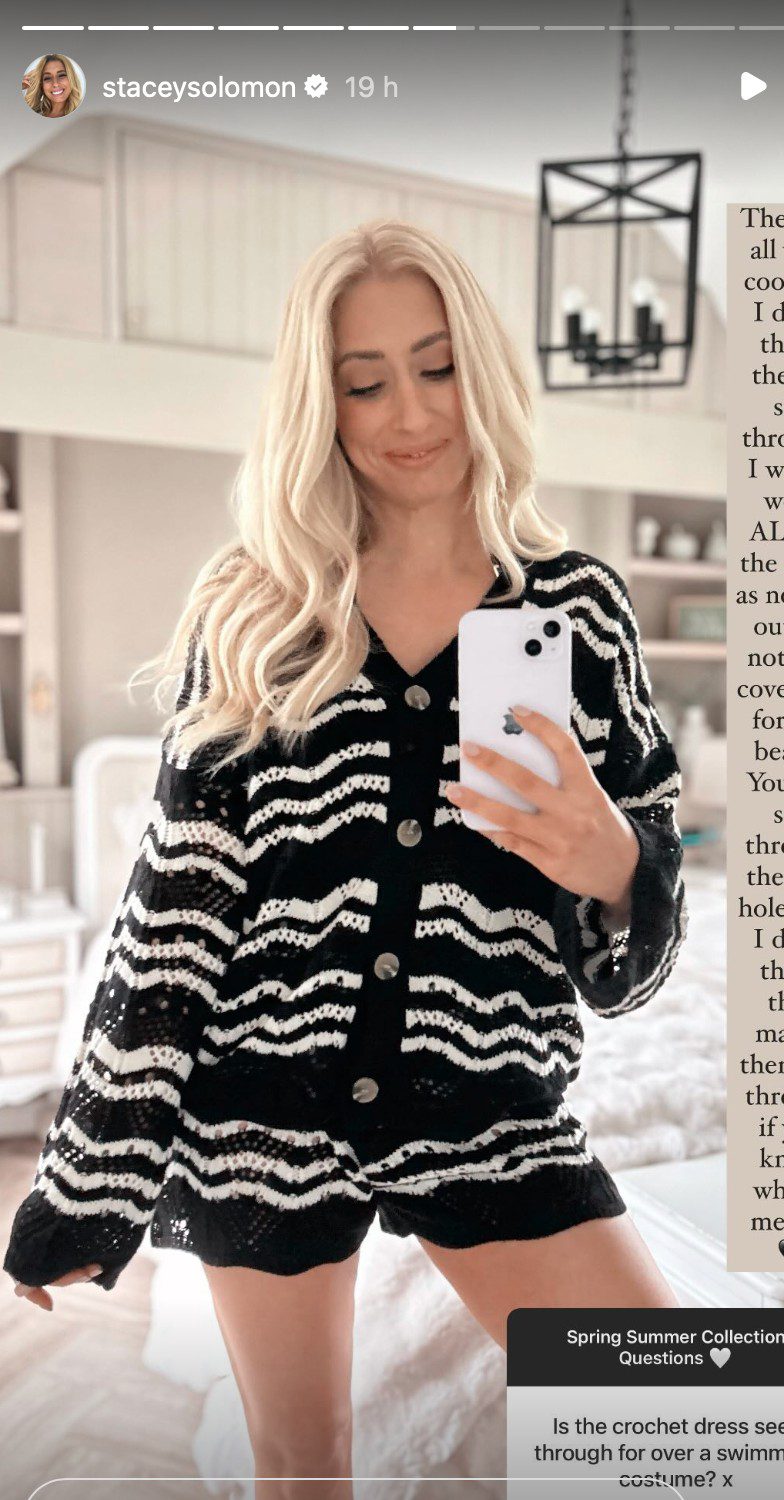 Stacey Solomon shows off In the Style collection wearing a striped jumper and shorts set