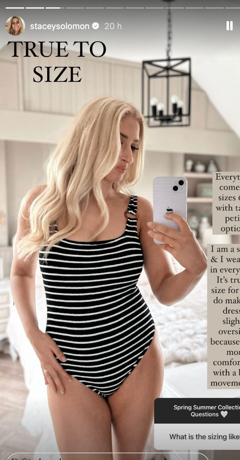 Stacey Solomon shows off In the Style collection wearing a striped swimsuit