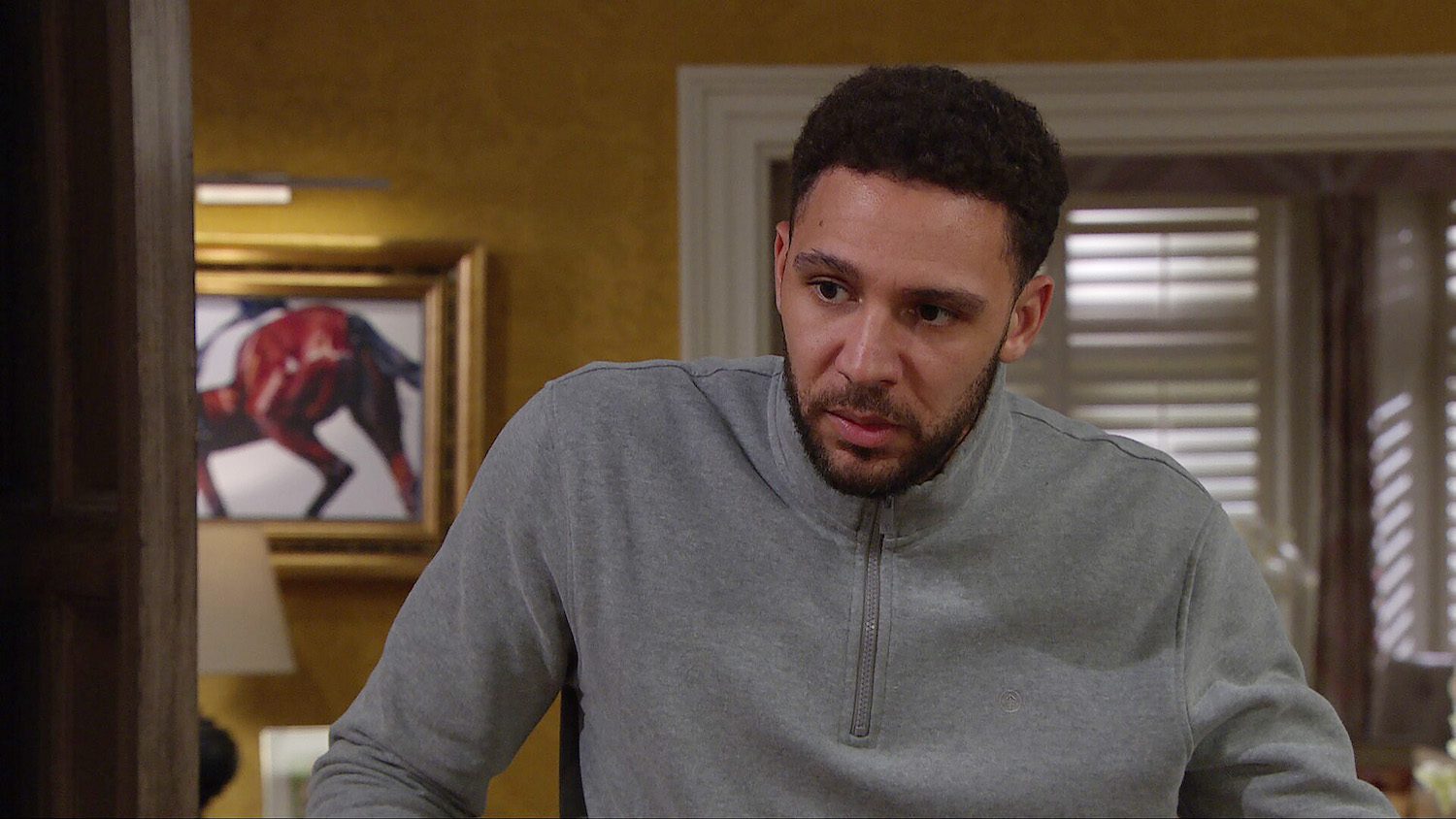 Billy looks serious at Home Farm in Emmerdale