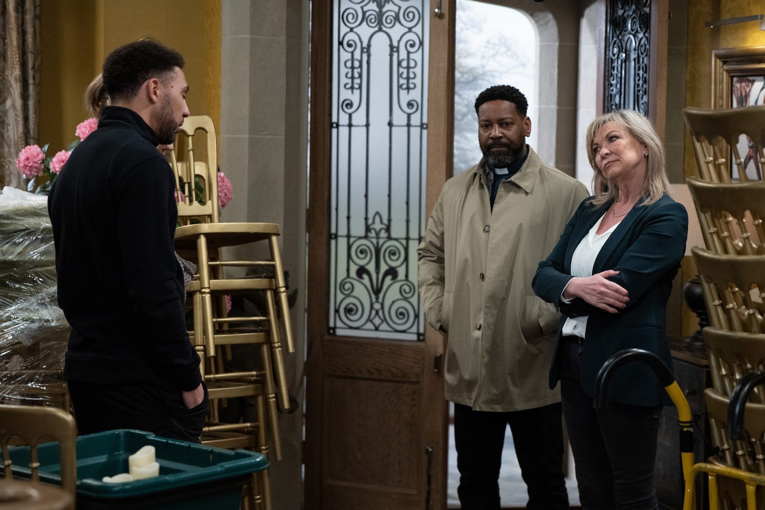 Charles Anderson and Kim Tate look unimpressed with Billy Fletcher