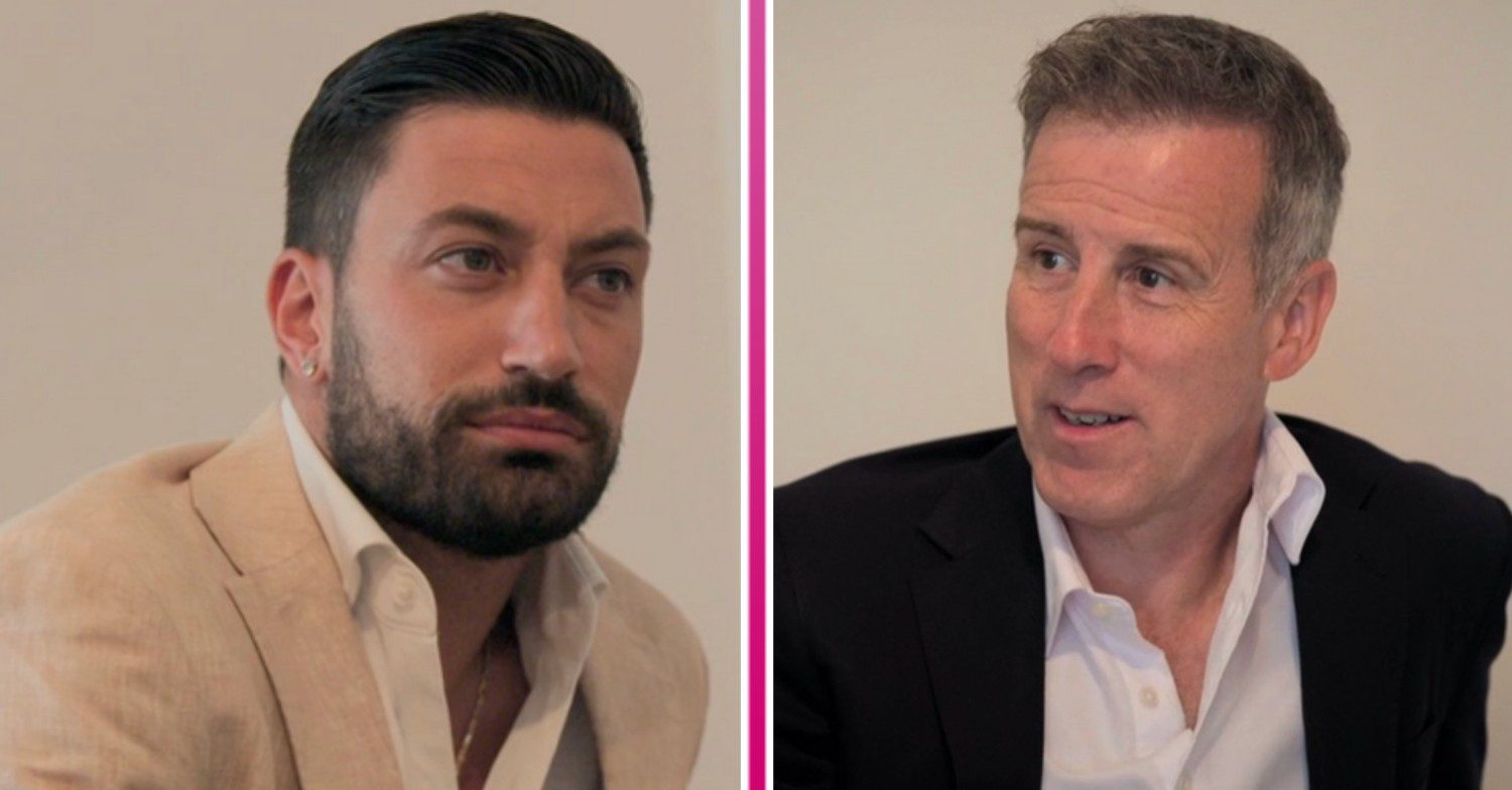 Giovanni Pernice frowning at a surprised Anton Du Beke during Anton and Giovanni's Adventures in Spain