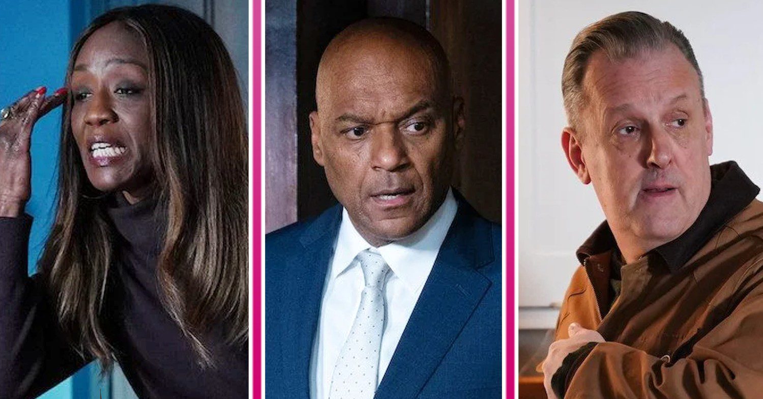 EastEnders spoilers comp image: Denise, George and Harvey (Credit: BBC/Comp ED!)