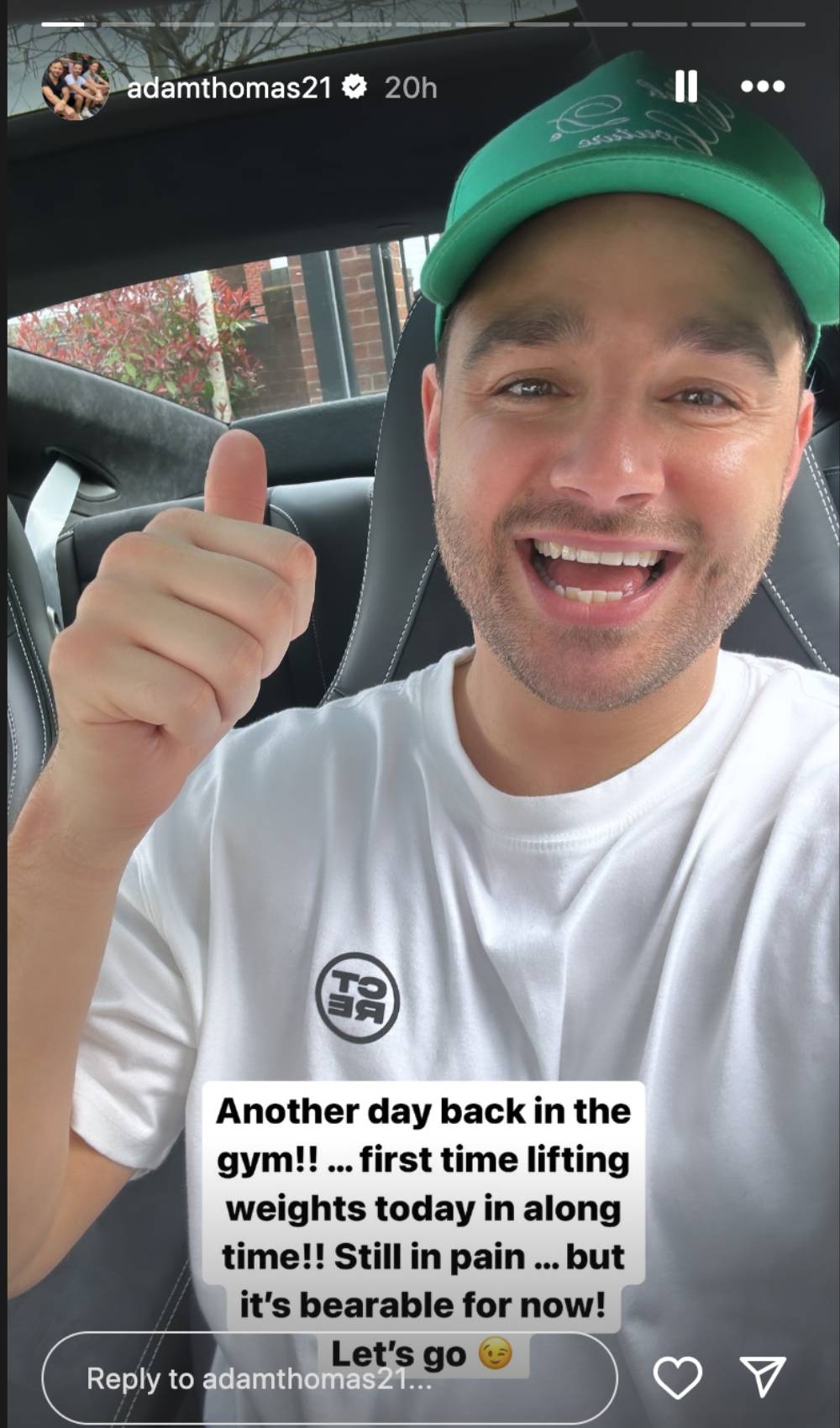 Adam Thomas gives the thumbs up on Instagram