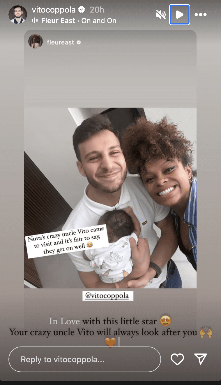 Vito Coppola and Fleur East with Fleur's baby, smiling for the camera