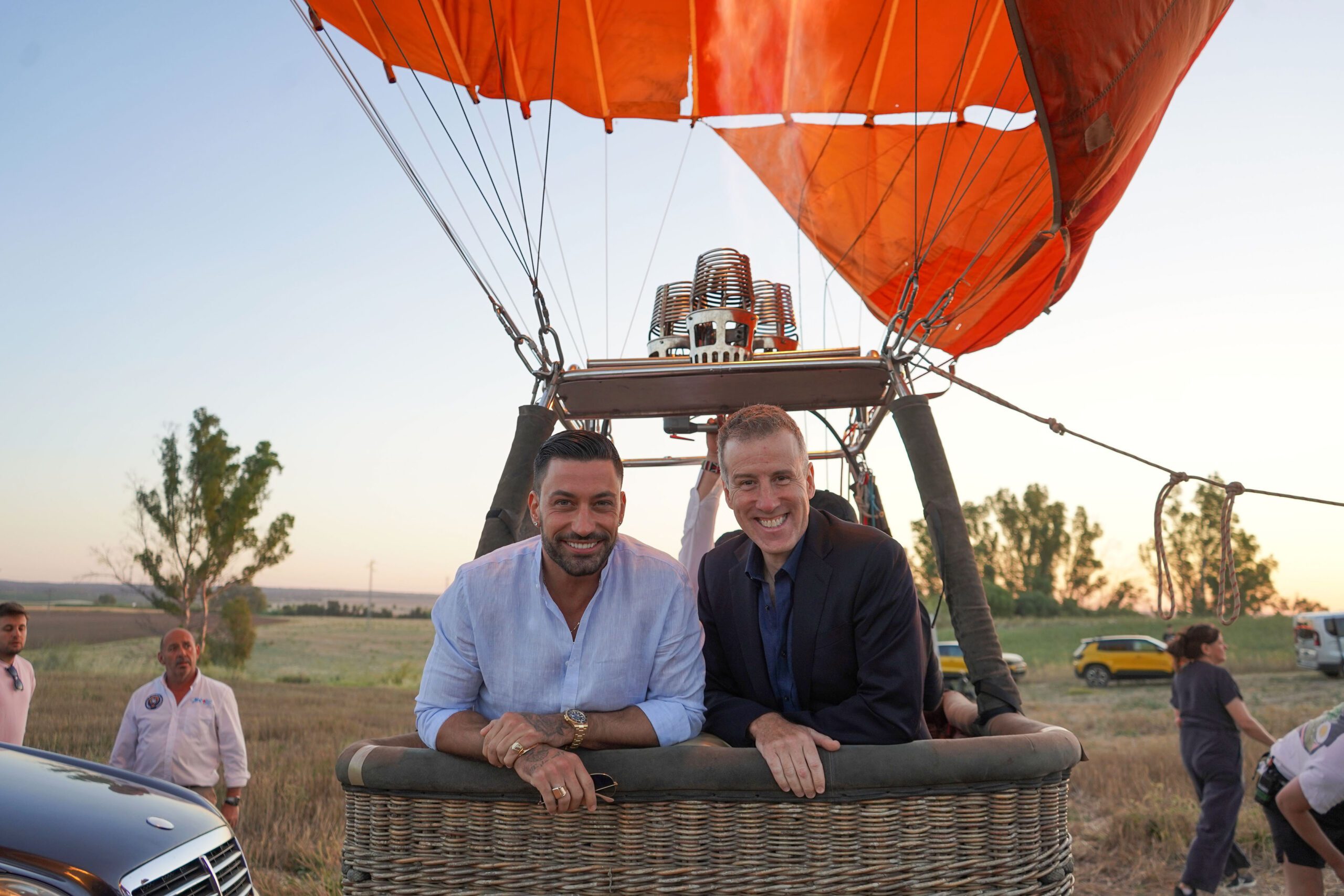 Strictly's Giovanni Pernice and Anton Du Beke in a hot air balloon basket