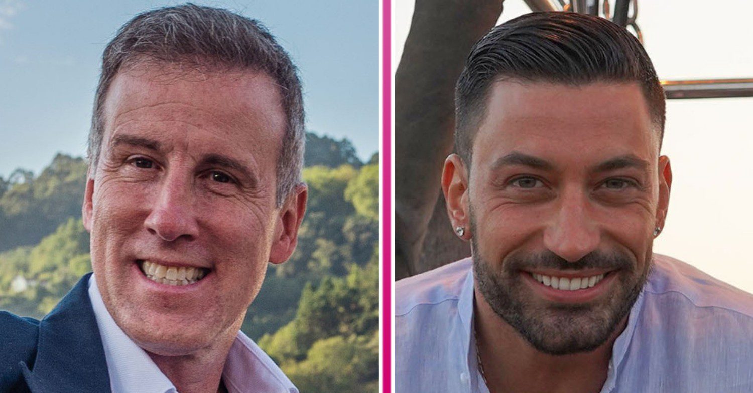 Strictly's Giovanni Pernice and Anton Du Beke comp, Anton smiling outside in sunshine beside Giovanni smiling from photo in air balloon basket