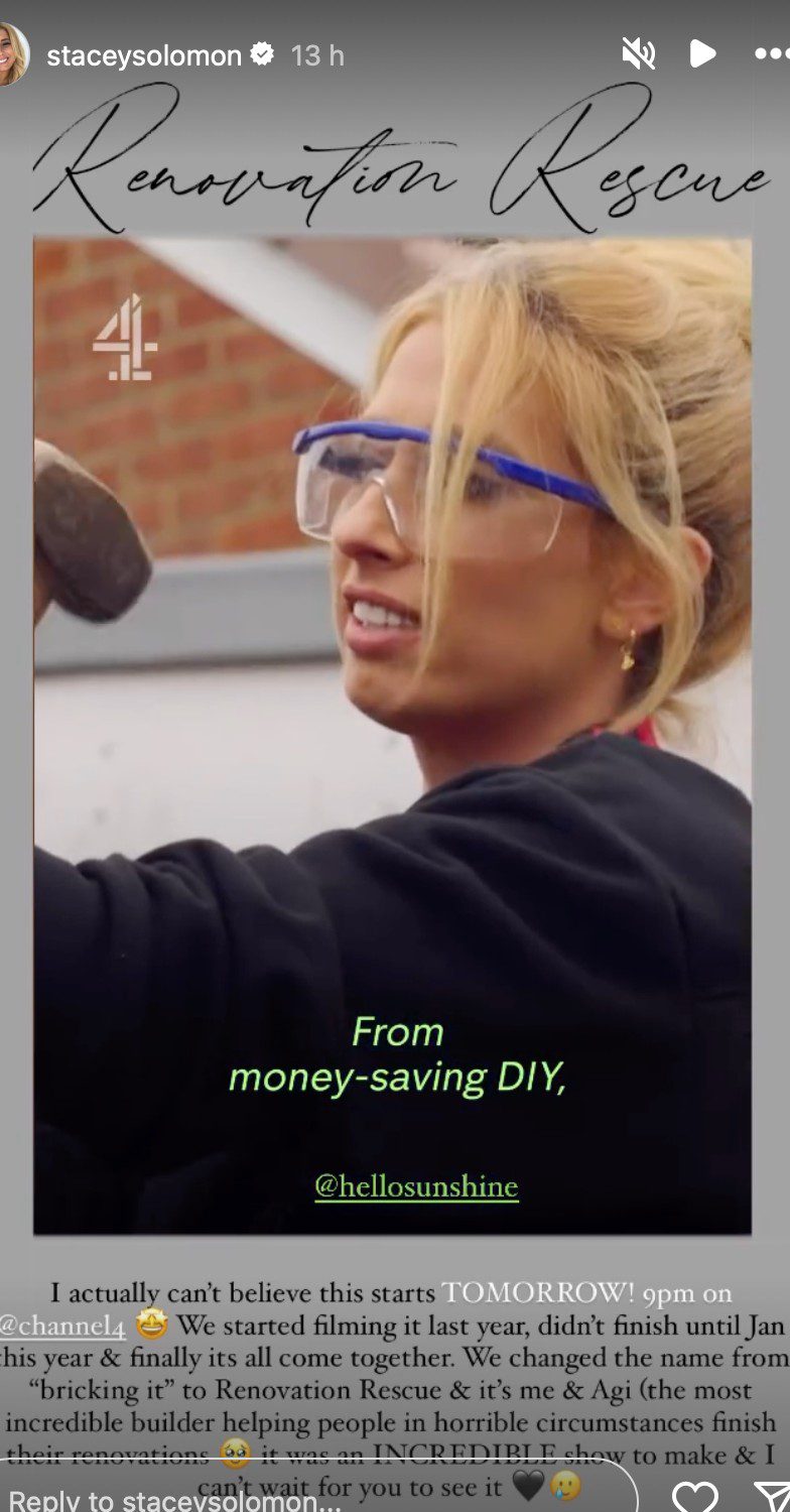 Stacey Solomon in her new show Renovation Rescue, with sledgehammer wearing goggles shared to her Instagram story