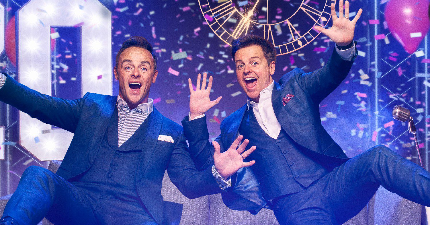 Ant and Dec jumping in a Saturday Night Takeaway promo