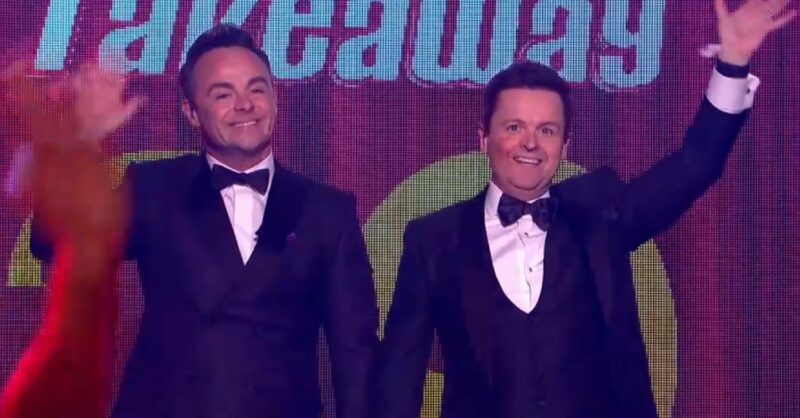 Ant and Dec waving on Saturday Night Takeaway tonight