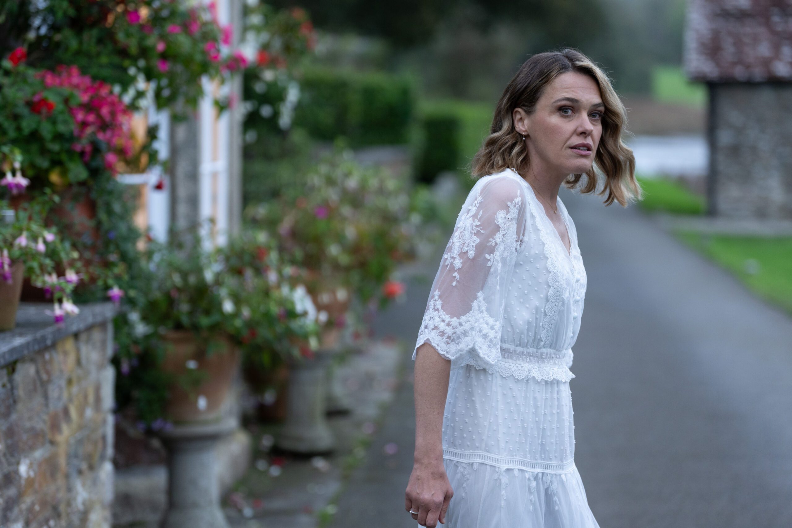 Sally Bretton in wedding dress as Martha in Beyond Paradide