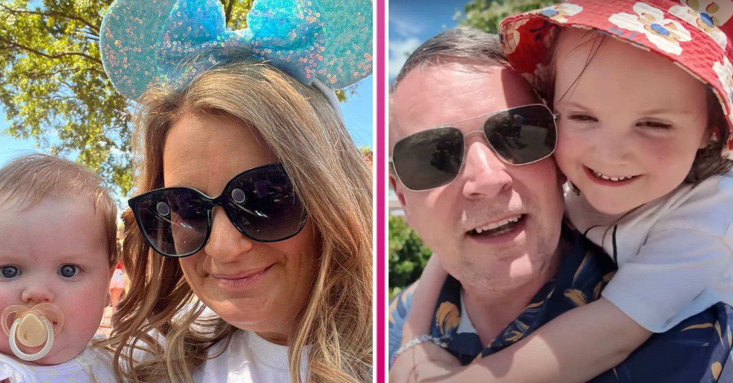 22 Kids & Counting star Sue Radford wearing Minnie Mouse ears and holding baby beside Noel Radford with daughter in Florida